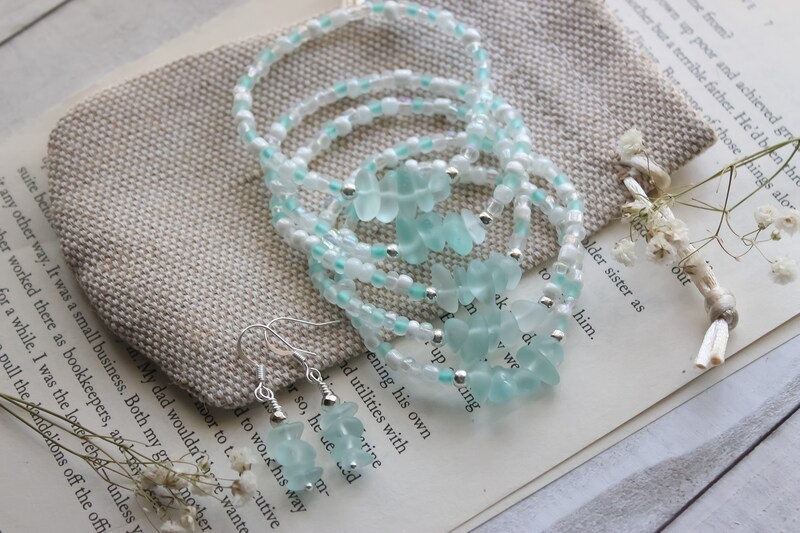 Handmade Seed Beaded Aqua Sea Glass BraceletSea Glass Jewelry | Sea Glass Bracelet | Beach Wedding Jewelry | Beach Glass Jewelry Gift